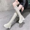 Fashion 10CM New Women Platform Knee High Boots Winter Warm Plush Long Boots Leather Motorcycle Boots Lace-up Chunky Sneakers High Heels