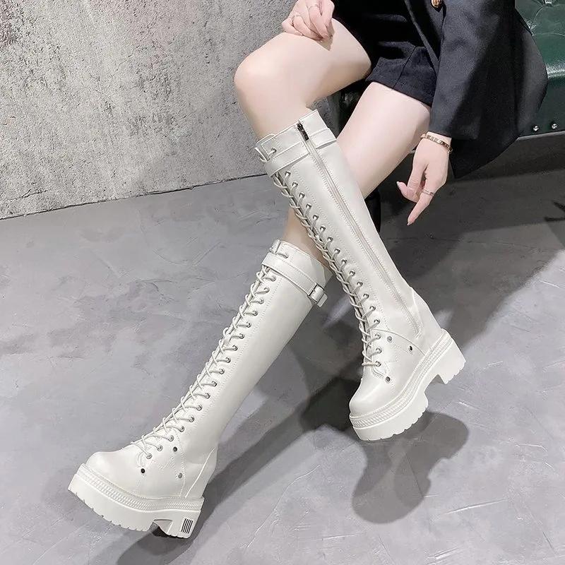 Fashion 10CM New Women Platform Knee High Boots Winter Warm Plush Long Boots Leather Motorcycle Boots Lace-up Chunky Sneakers High Heels