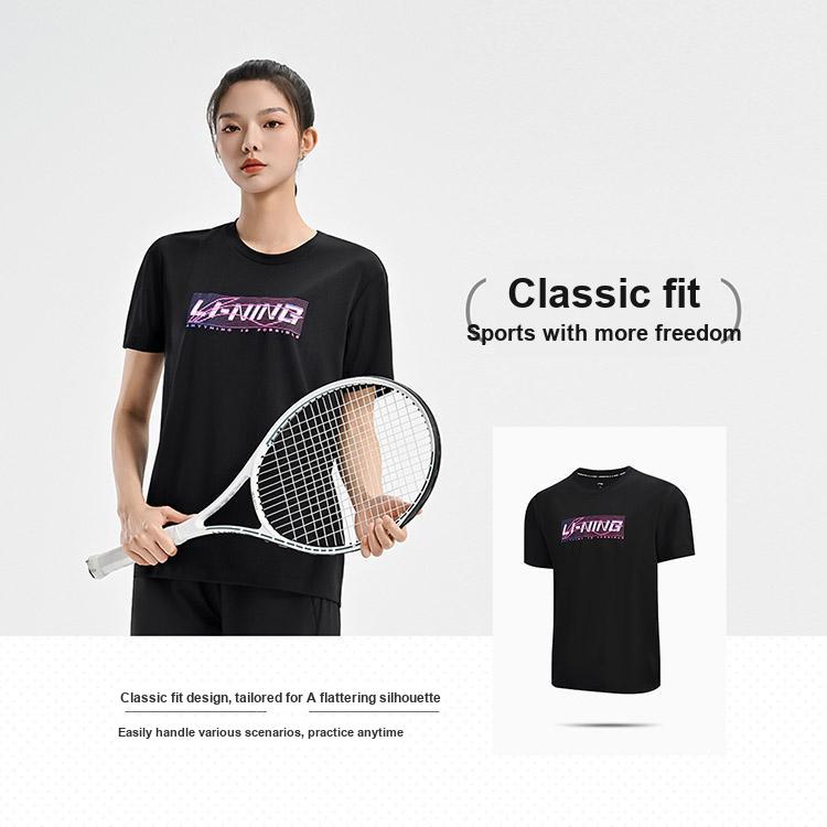 Li Ning Badminton Series Creatief Logo Klassiek Ademend Vitaliteit Mode Casual Dagelijks Sport T-shirt met Korte Mouwen Unisex Tops Zwart ATSV627-1