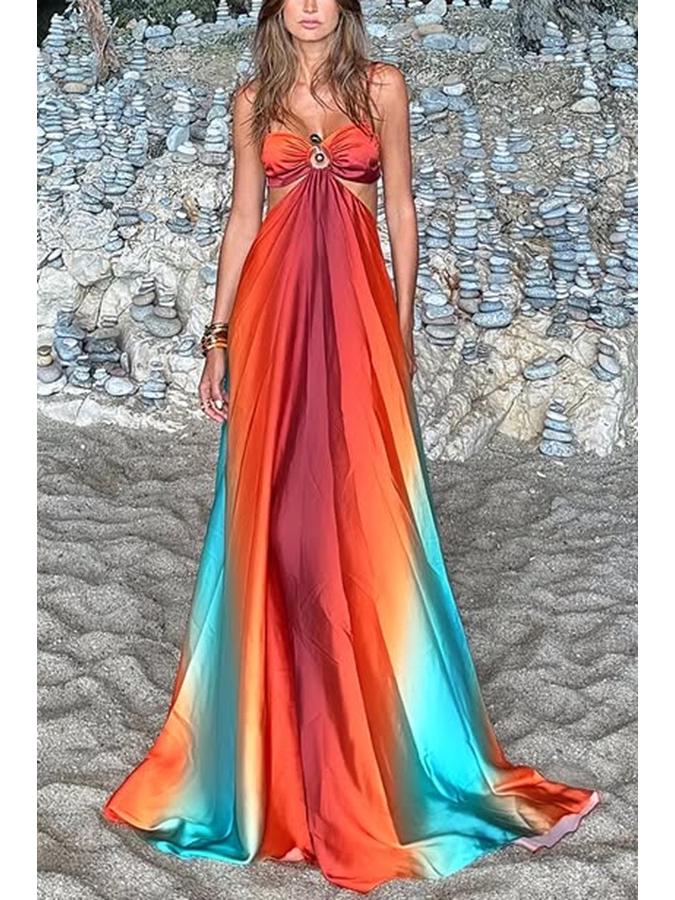 2025 Spaghetti Strap Gradient Island Style Beach Dress