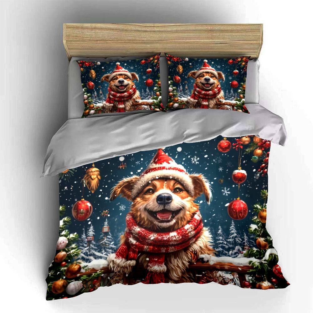 Festive Christmas Dog Outfit Set Kid'S And Adults' Bedroom Decor, Exquisite Three-Piece Bedding Set Gift
