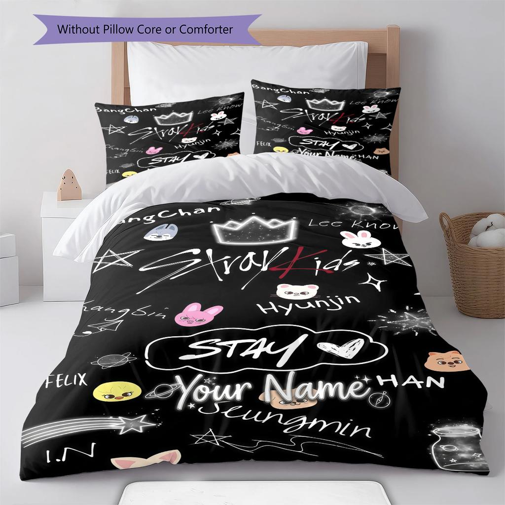 Custom Name Stray Kids Fan Art Bedding,Quilt Set Quilt Cover Pillowcase Home Birthday Gift (1 * duvet cover + 2 * pillowcase, without core)