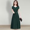 Plus Size Summer Lady Dress Slim Fit A-line Midi Dress Round Neck Short Sleeves Slim Waist Pure Color Mid-calf Length OL Commute