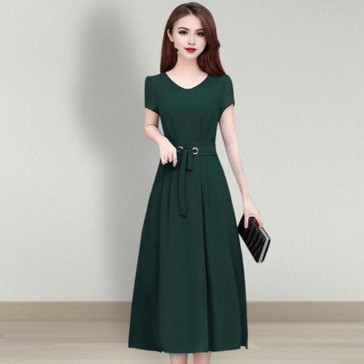 Plus Size Summer Lady Dress Slim Fit A-line Midi Dress Round Neck Short Sleeves Slim Waist Pure Color Mid-calf Length OL Commute