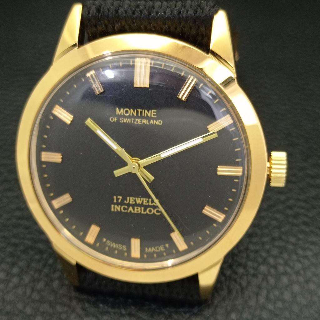 HAND-WINDING VINTAGE MONTINE SWISS MENS REFURBISHED BLACK DIAL WATCH a441068-1