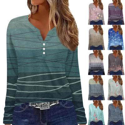 Dámske Tričko T-Shirt Gombík Potlač Dlhý Rukáv Denné Víkendové Móda Základný V-Výstrih Bežný Vrchný Diel