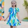 Girls Round Neck Flutter Sleeve Printed A Line Flared Dress Blue Pink White
