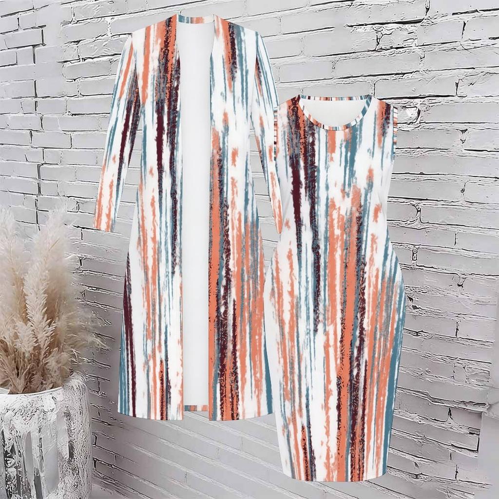 Women Plus Size Two Piece Set Long Sleeve Open Front Cardigan Sleeveless Crew Neck Bodycon Printed Dress