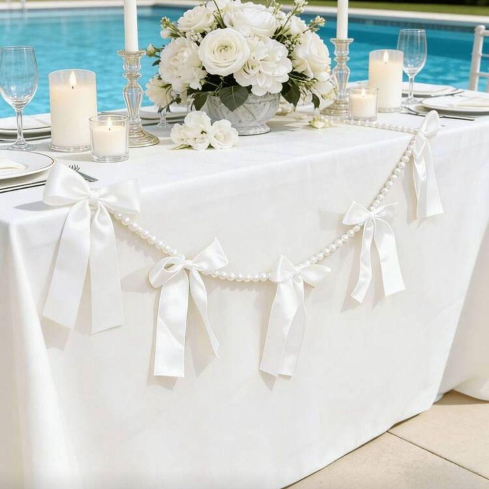 Faux Pearl Bowknot Banner Hanging Pendant Reusable Bow Beaded Garland Birthday Decor