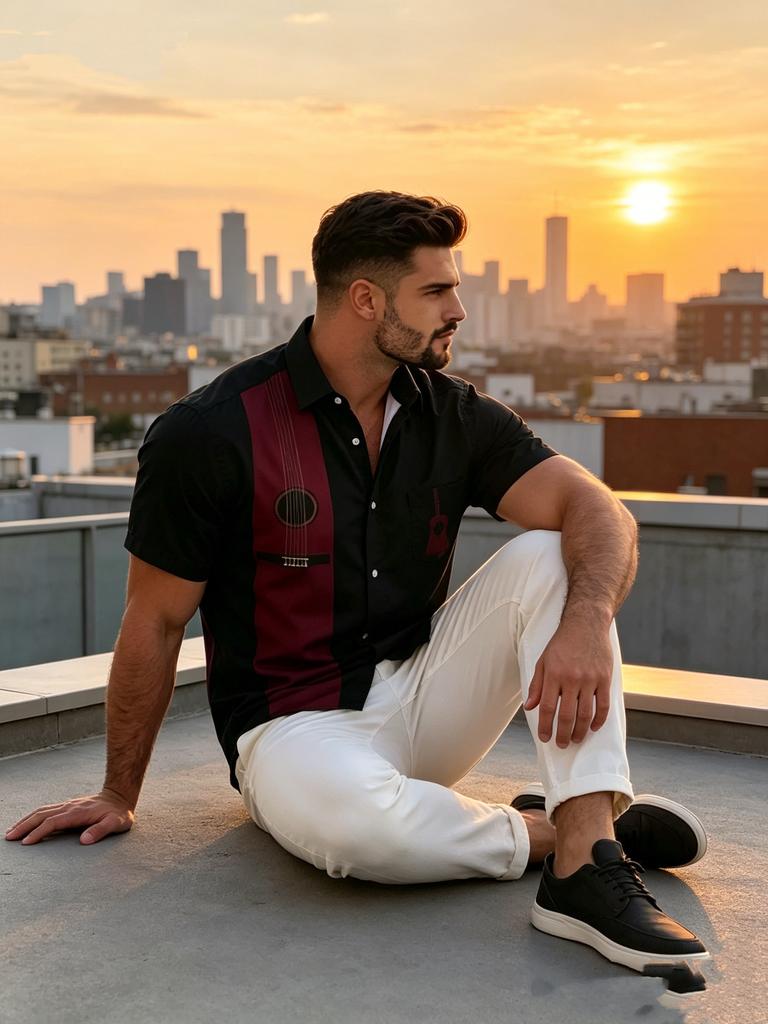 Printed Design – Not Textured European and American Men's Casual Short-Sleeve Shirt with Music Element Pattern Digital Print, Lapel Cardigan,