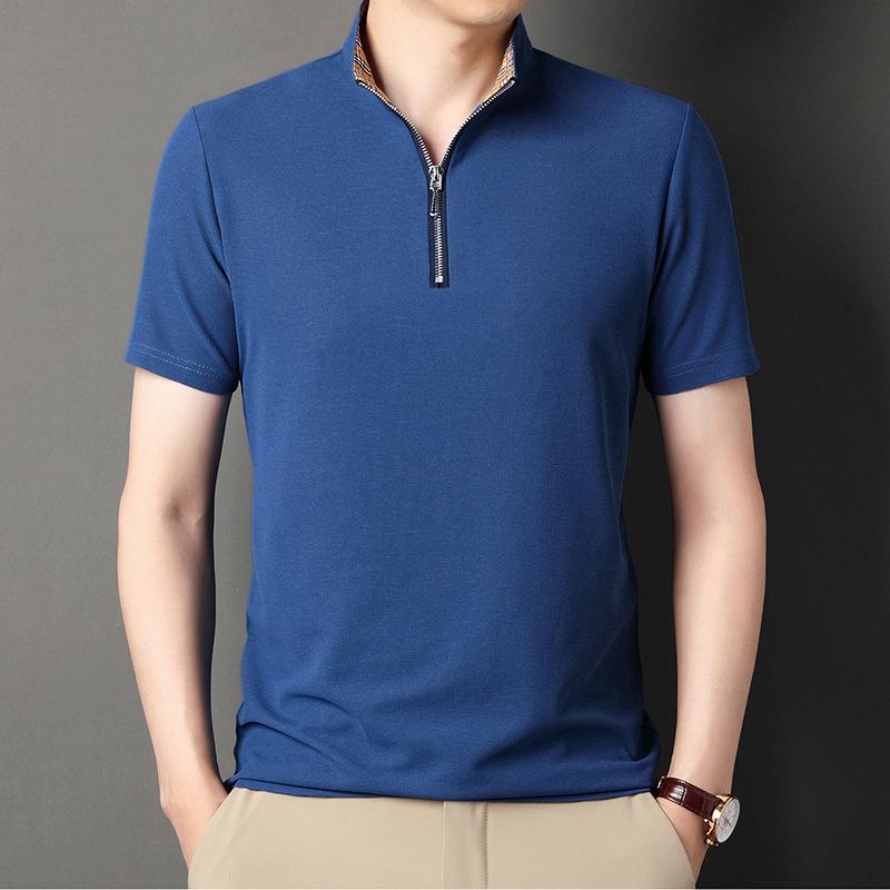 Summer New Men's Short-Sleeved T-shirt Men's Fashion Casual Breathable Lapels Zipper Solid Color Men's Clothing