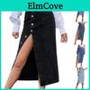 Gonna Lunga in Denim Irregolare con Spacco a Bottone Vita Alta da Donna