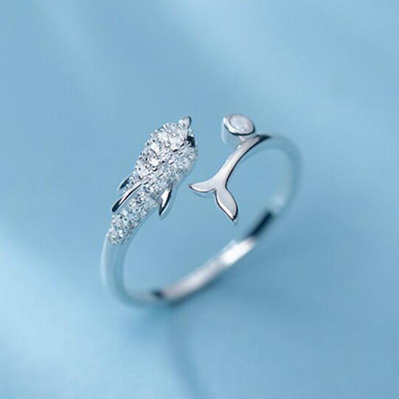 Women Zircon Moonstone Dolphin Cat Tassel Open Ring Adjustable Wedding Party Jewelry Gift