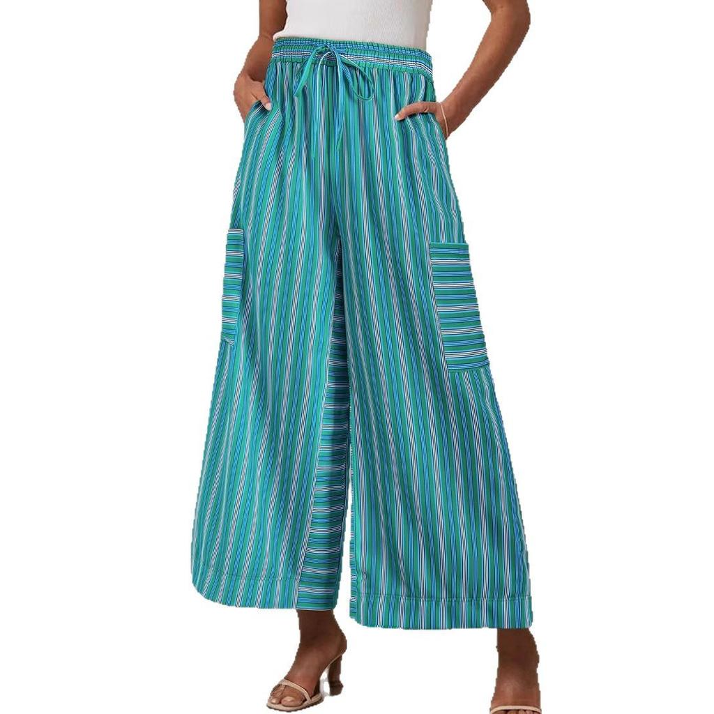 Women's Spring Summer Striped Casual Fashion Loose Tie Straight Pants