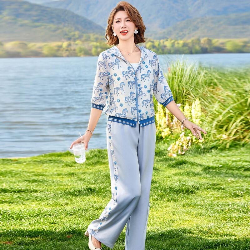 Pasite Women s Hooded Printed 3/4 Sleeve Top & Wide-Leg Pants Set 3XL