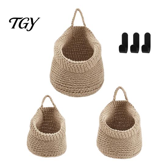 Wall Mounted Storage for Nursery 3PCS Woven Hanging Bag, Natural Cotton Rope Fruit Baskets, Organizer Hair Accessories Boho