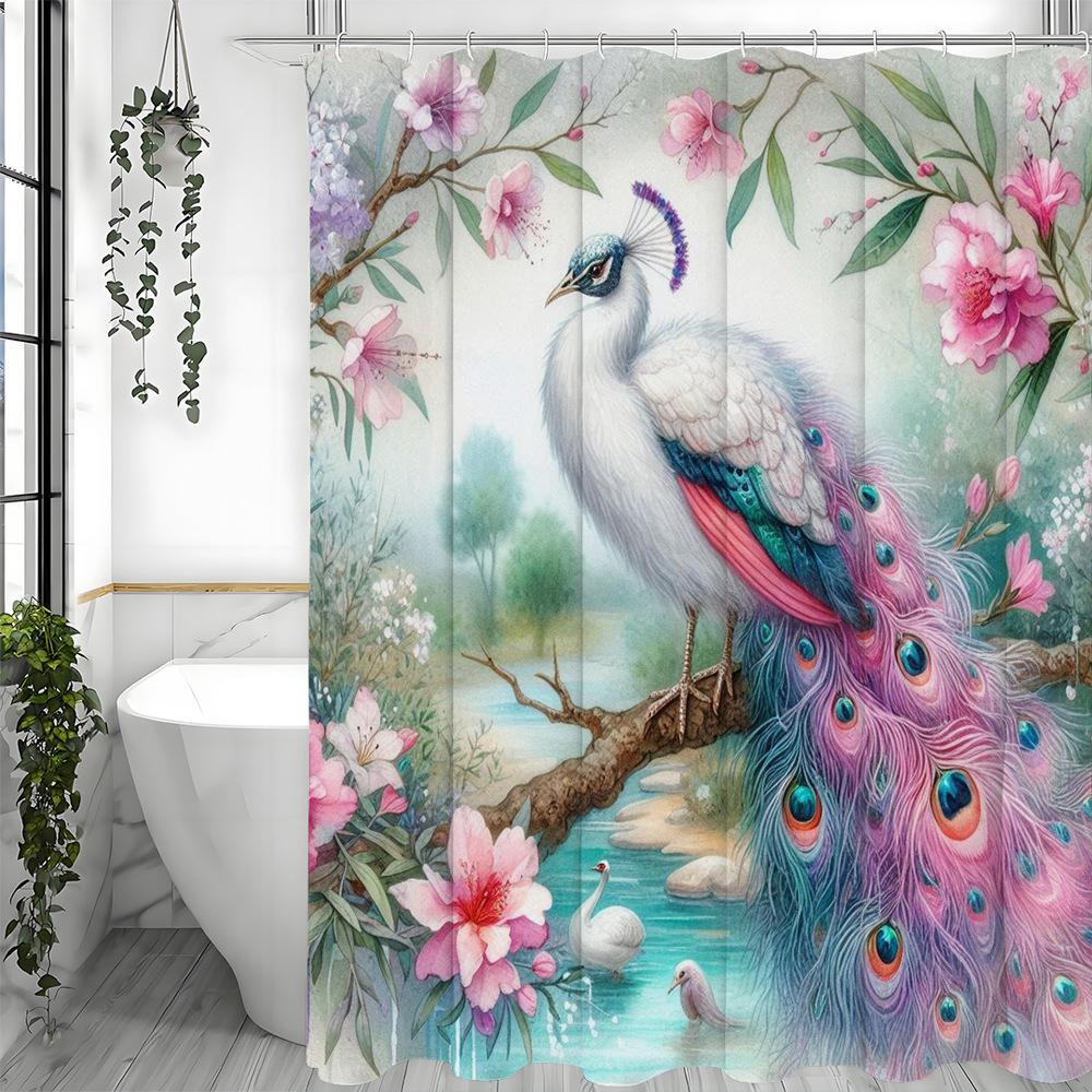Graceful And Colorful Peacocks Shower Curtain Washable Dirt-Resistant Shower Head Waterproof Polyester Bath Curtain