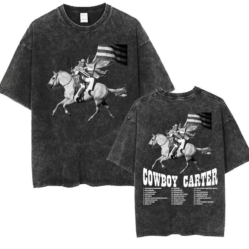 Vintage Washed Beyonc Cowboy Carter Album  Print T Shirts Unisex Womens Hip Hop Aesthetic Short Sleeve Tshirt Yk Streetwear S разноцветный