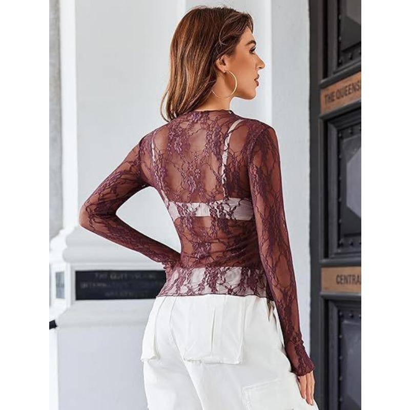 New Lace See Through Sexy Mesh Women Blouse Long Sleeve Tops Transparent Floral Shirt Thin Perspective Lace Shirts Spring Summer Sweet Elegant Blouse