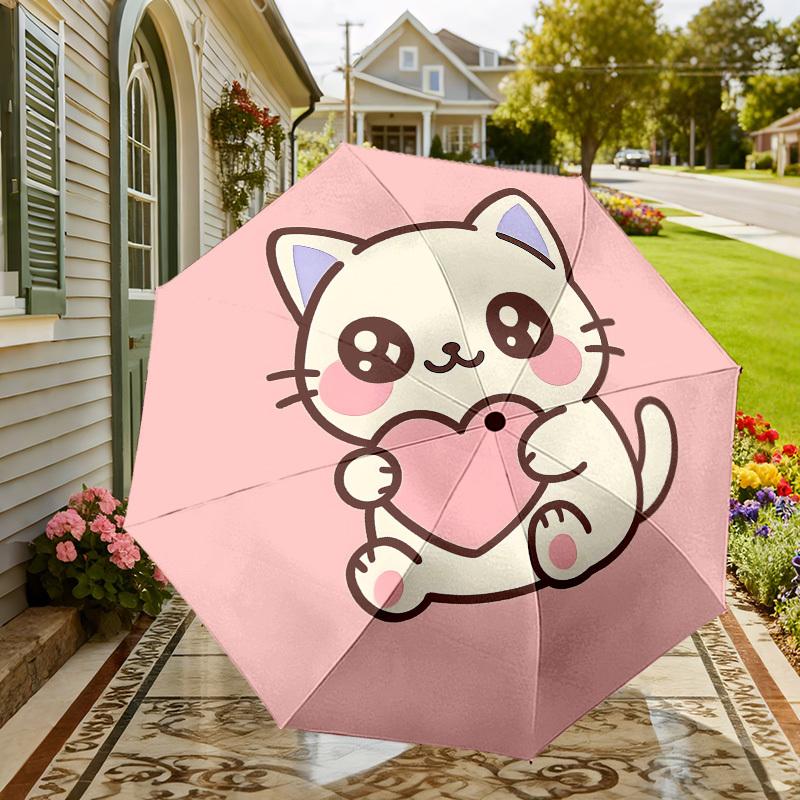 Adorable Kitten Heart Love Print Umbrella - Automatic Opening & Closing, Outdoor Travel Accessory, Lightweight and Durable 160