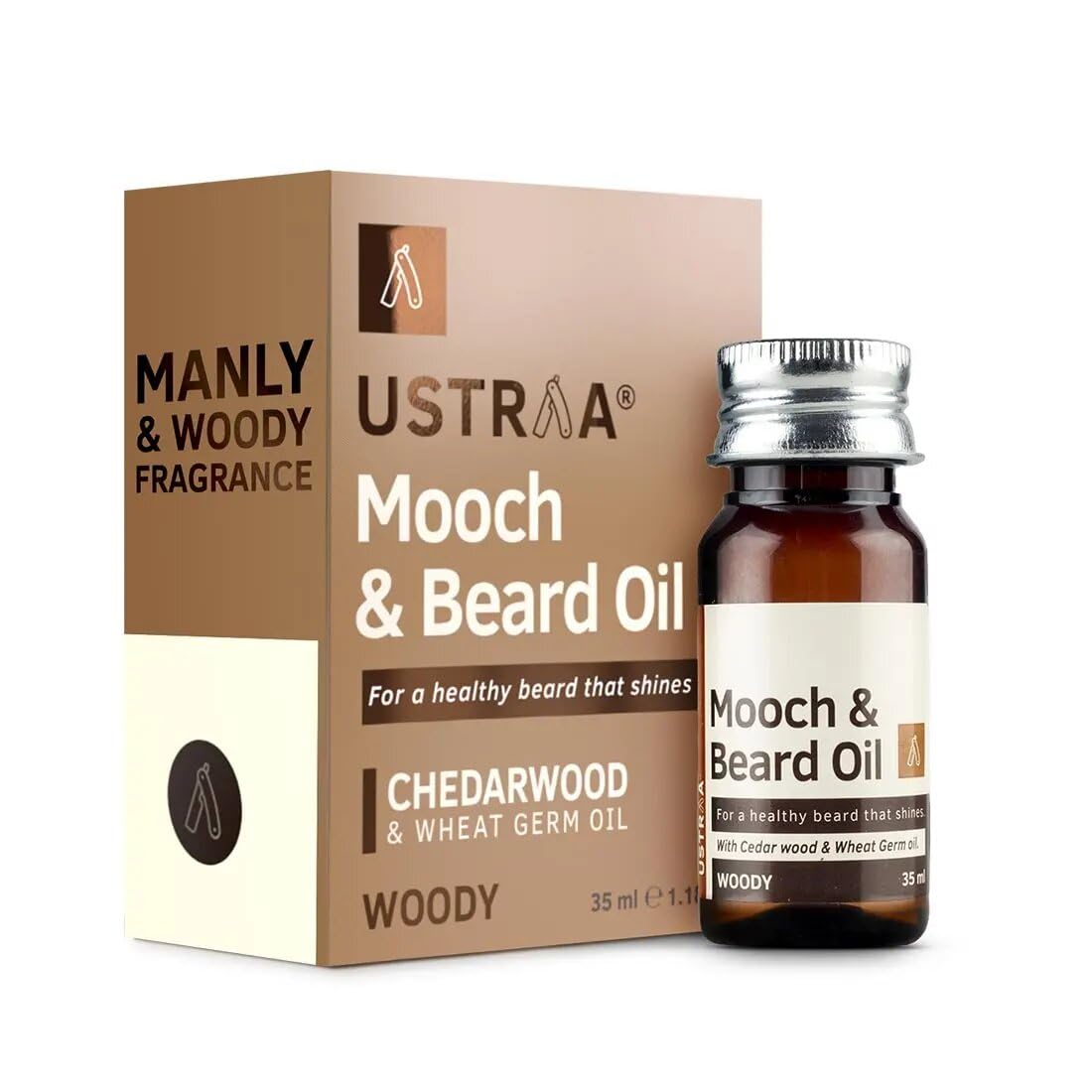 Масло для усов и бороды Ustraa Woody Mooch - 35 мл - Блеск, Питание и Приятный Аромат для бороды | Без парабенов | Эфирное масло кедра и масло зародышей пшеницы