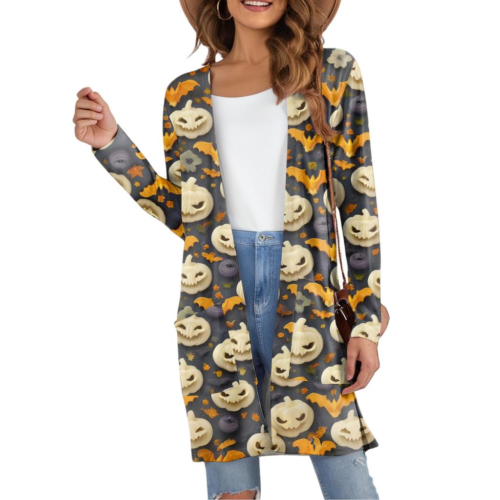 Cardigan da Donna Casual Comodo con Stampa di Halloween di Media Lunghezza con Tasche Giacca