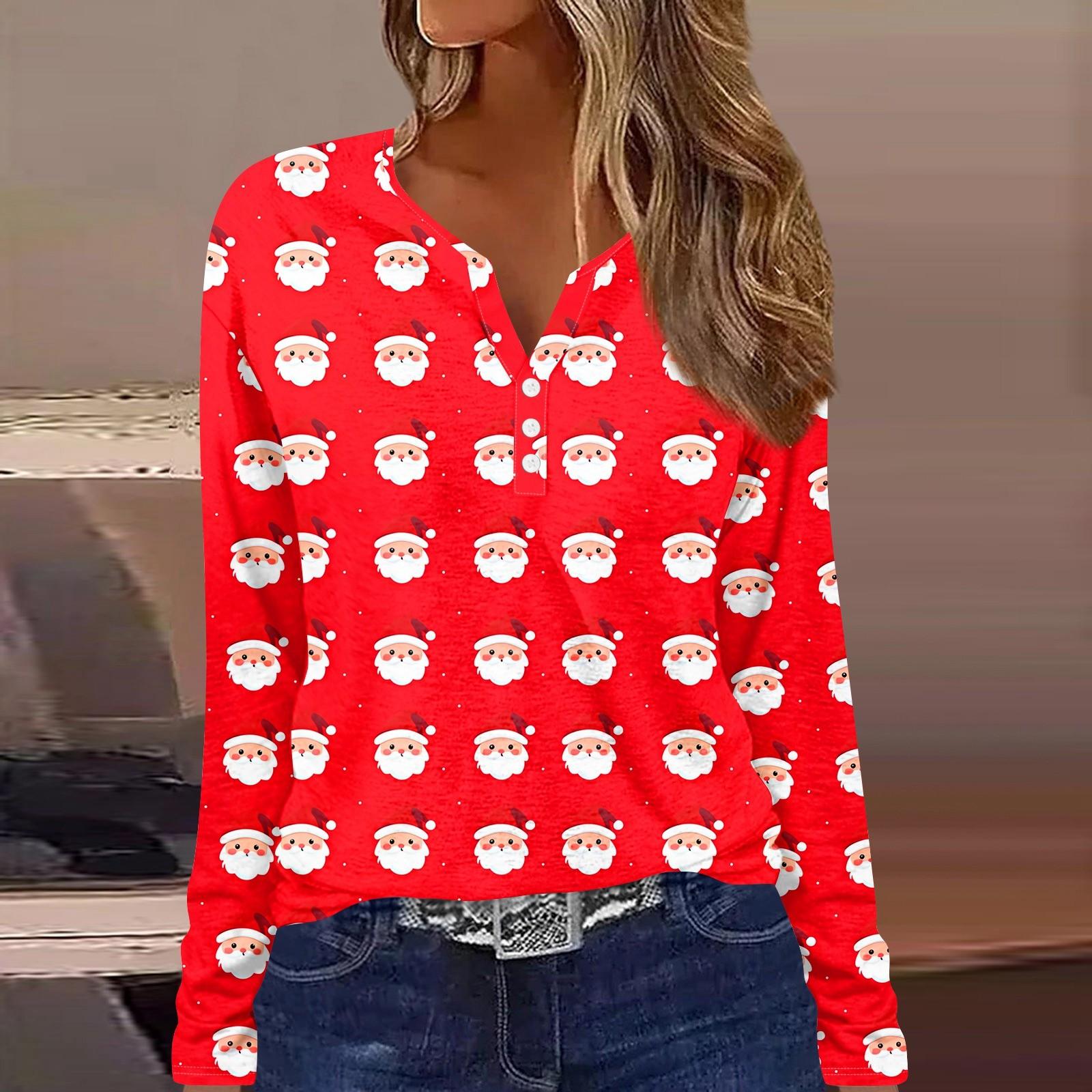 

Женская футболка с пуговицами и рождественским принтом, длинный рукав, повседневная, выходного дня, модная, базовая, с V-образным вырезом, обычная XL