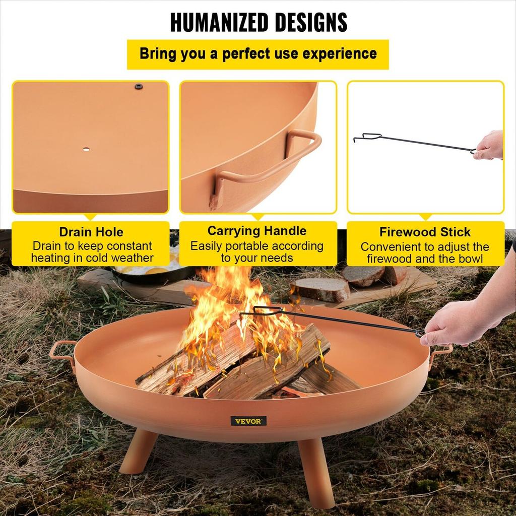 Fire Pit Bowl, 30-Inch Deep Round Carbon Steel Fire Bowl, Wood Burning for Outdoor Patios, Backyards & Camping Uses, with A Drain Hole, Portable