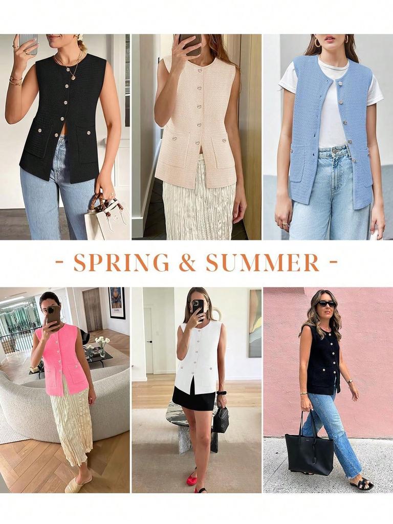Women's Sleeveless Button Down Sweater Vest Round Neck Knit Cardigan Tank Top