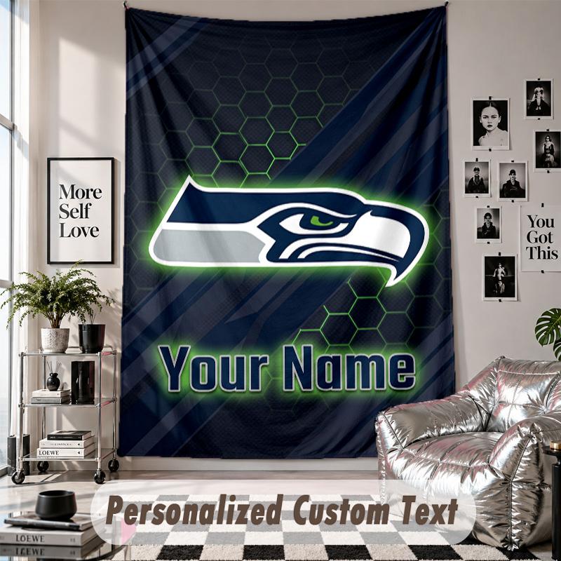 Wall Hanging Tapestry With Custom Name & Text, Seattle Seahawks Decorative Tapestry For Bedroom