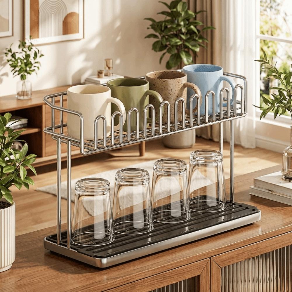 Stainless Steel Cup Storage Rack Anti-Fall Water Cup Holder Sink Storage Rack Office