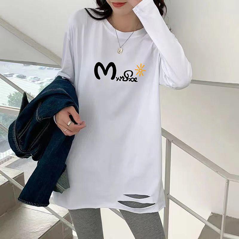 Damen Übergröße Baumwoll-T-Shirt mit Rissen und langen Ärmeln – Mittellang, Vielseitig, Weiß, Frühlings- und Herbststil