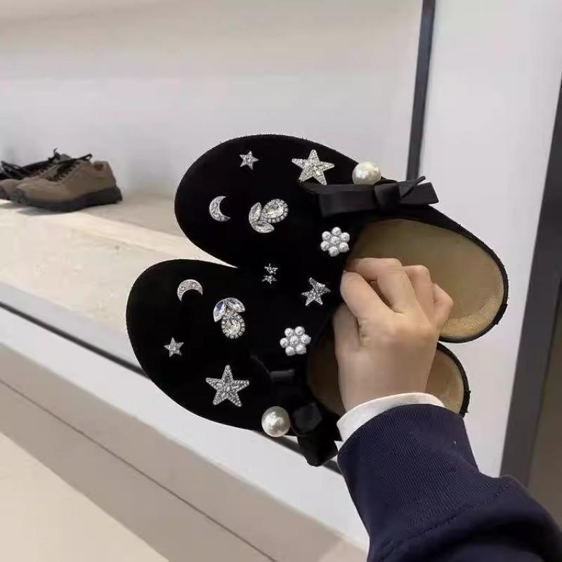 Star Rhinestone Bow Thick-bottomed Bag Head Half Slippers Autumn and Winter New Fashionable Versatile Height Increase