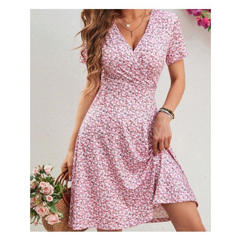 

Fashion Style Fashion Slim Looking Amazon Wish Summer French New Arrival Floral V-neck Strap Dress Short Skirt Pink S