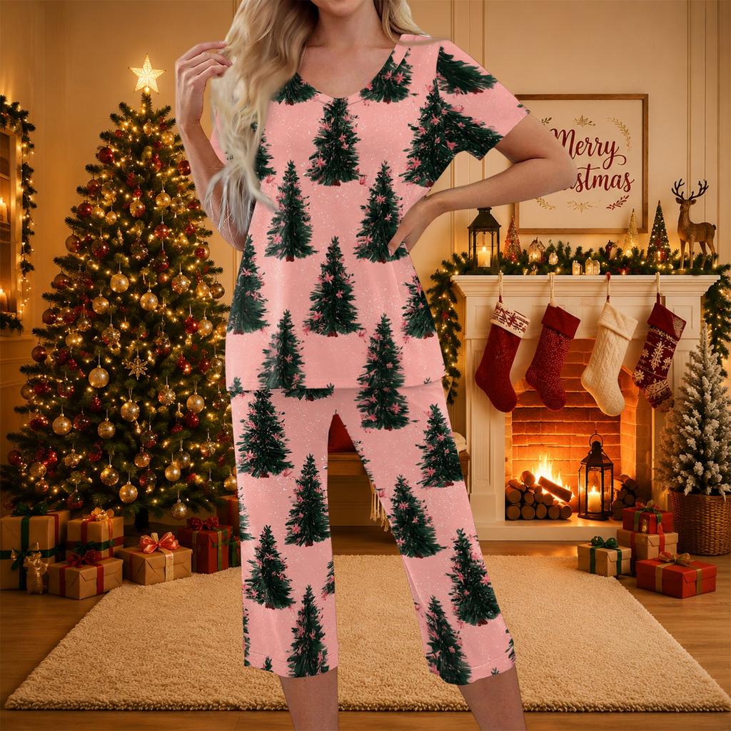 Casual TweeDelig Kerstprint Outfit voor Dames met Top met Korte Mouwen en Broek