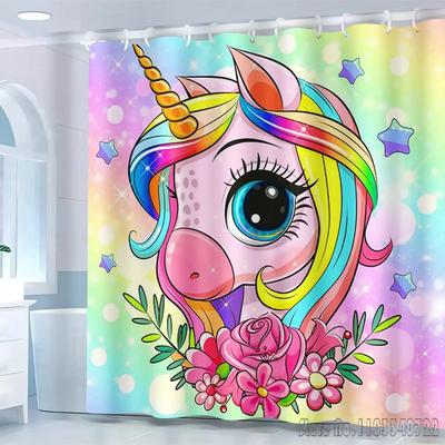Unicorn Cartoon Colorful Shower Curtain 1pcs Waterproof Bath Screen Curtains with Hooks for Bathroom Decor