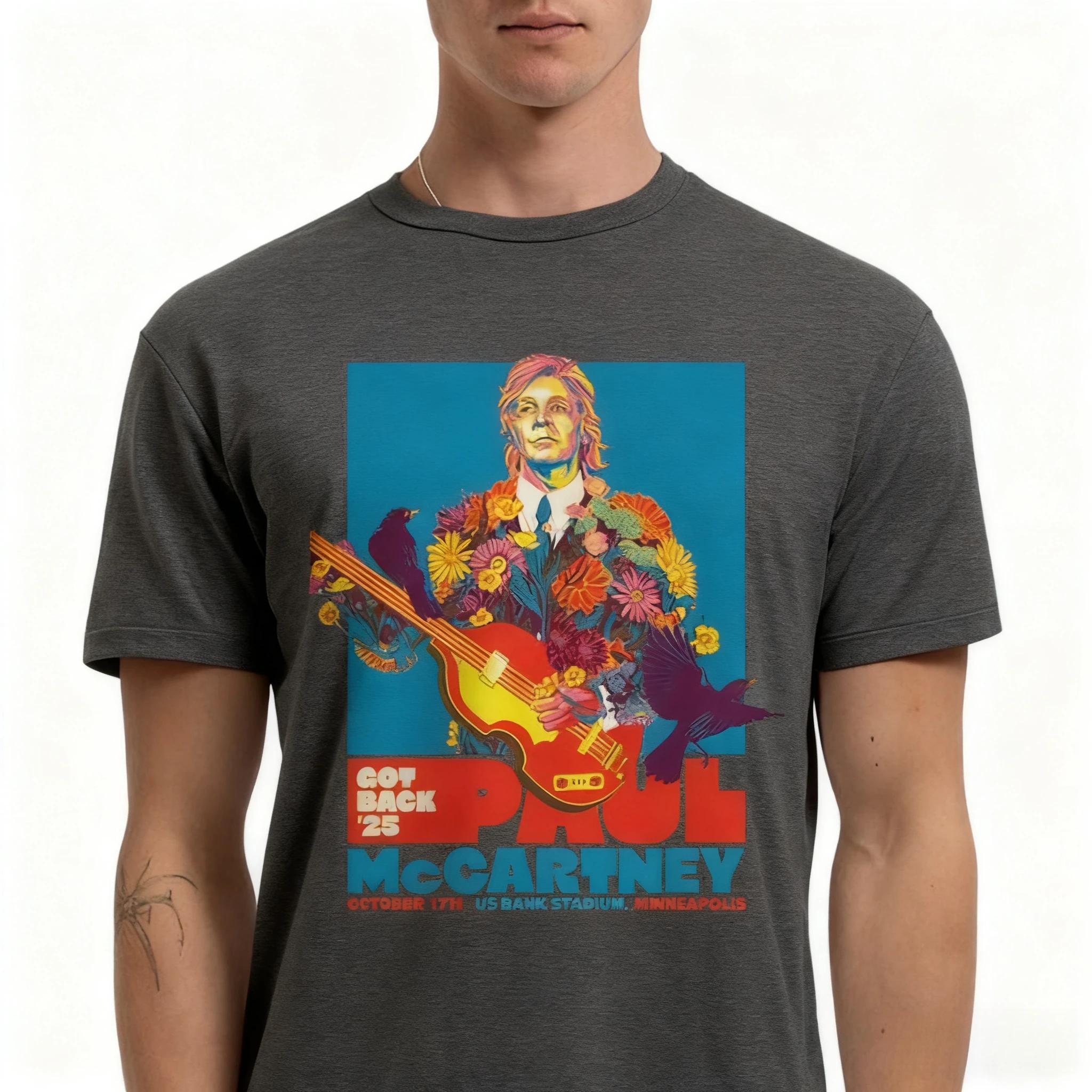 Paul McCartney Minneapolis 2026 Concert TShirt Psychedelic Floral Bird Graphic Casual Tee for Rock Music Lovers Trendy Outfits S