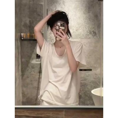 T-shirt Bianca da Donna a Vestibilità Larga, Stile Coreano, Scollo a U, Manica Corta, Slim, Colore Unito, Perfetta per l'Estate
