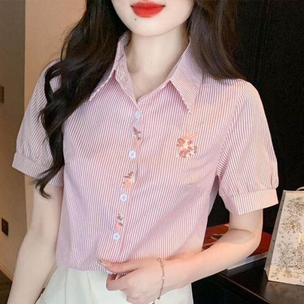 Navava Women Lovely Stripe Flower Embroidery Collar Short Sleeve Shirt Nb3155