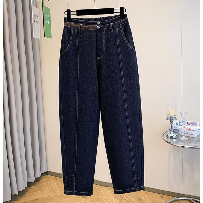 DIMANAF 2025 Outono Inverno Jeans Tamanho Grande Espessos com Forro Novo Mulheres Azul Vintage Algodão Denim Calças Compridas