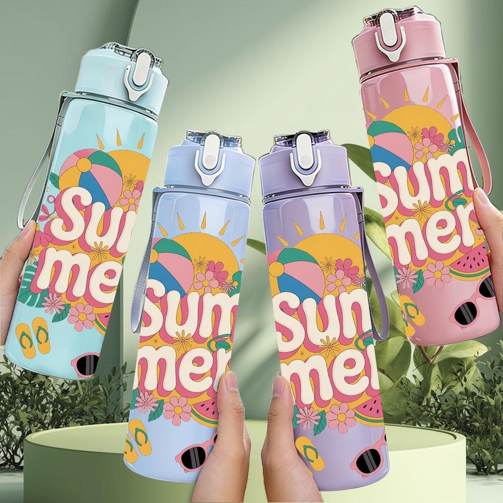 1PC Sum Mer Sun Bright Summer Lettering Art 750ml Color Plastic Sports Water Bottle Leakproof Flip Straw Lid Suitable for Sports Office Home Use