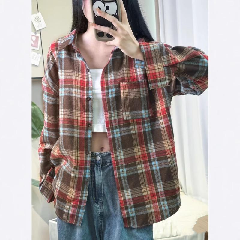 2025 Spring and Autumn New Shirt for Women Korean Version Retro Hong Kong Style POLO Collar Student Plaid Loose Jacket Shirt for Women