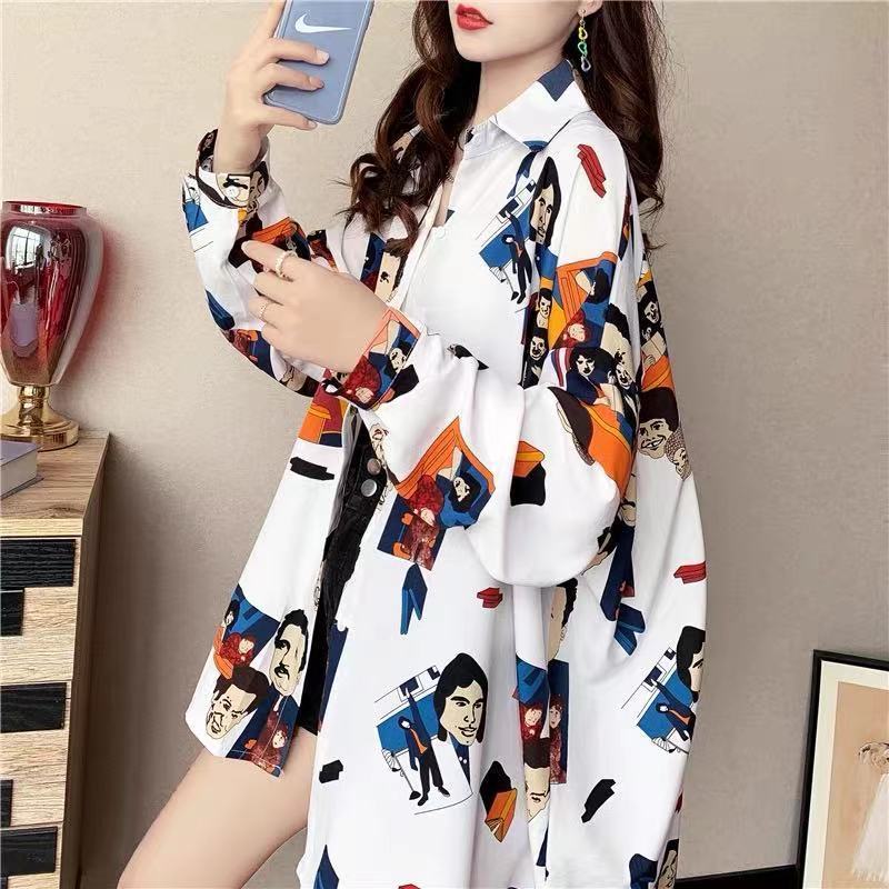 Lustige Druck Vintage Chic Harajuku Streetwear Übergroßen Grunge Y2K Taste Hemd Mode Langarm Tunika Top Bluse Frauen Blusas