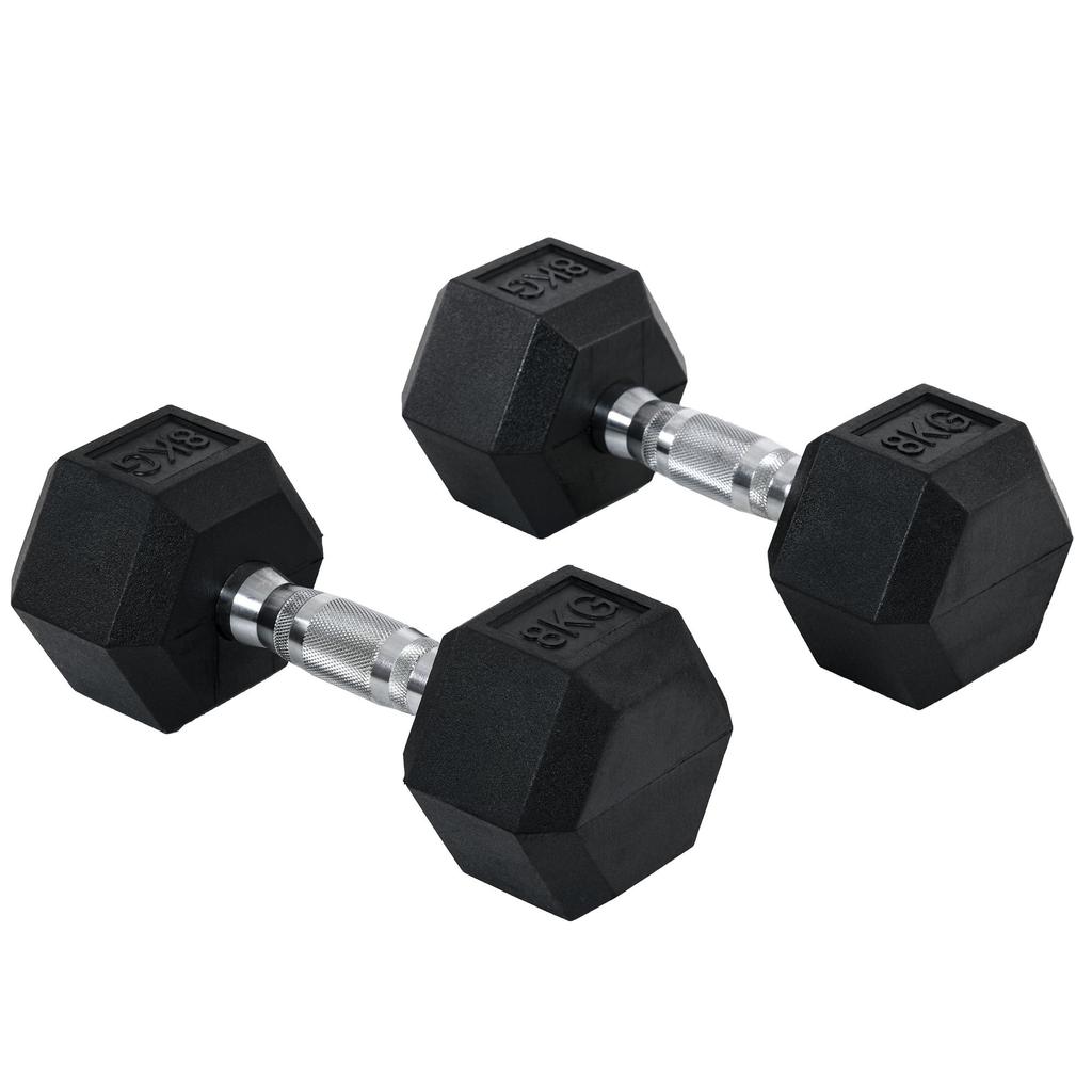 Set of 16 kg Hexagonal Dumbbells, Muscle Training & Weightlifting, Black Metal and Rubber