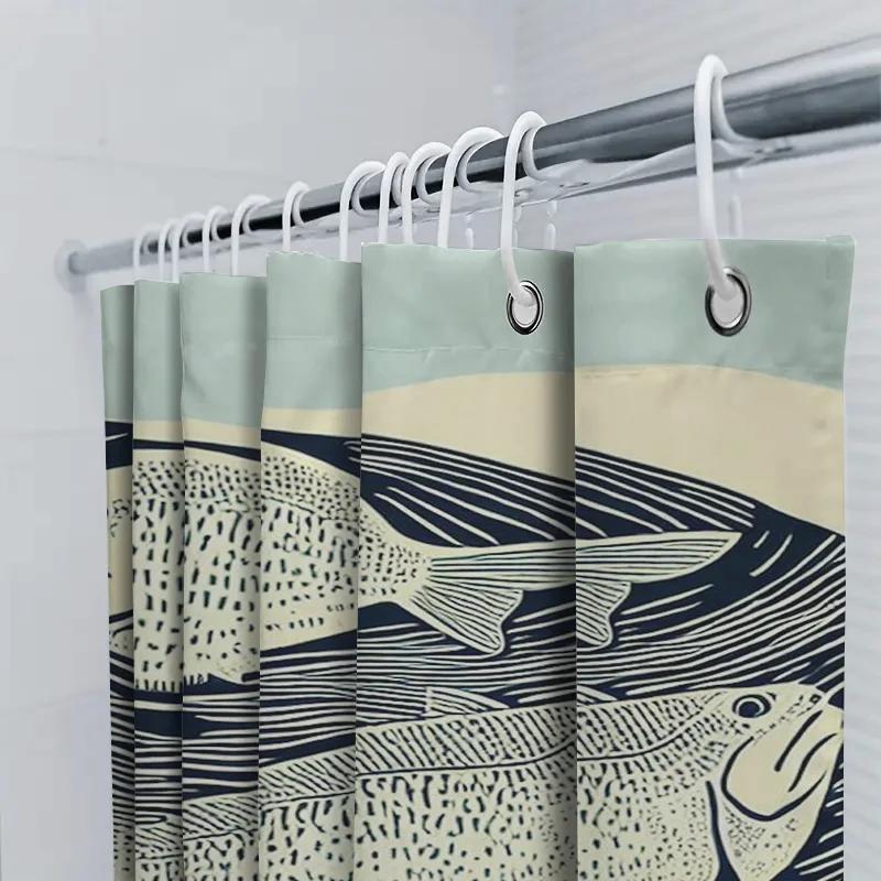 Vintage Blue Fish Print Shower Curtain For Bathroom Decor High-Quality Fabric With Hooks Included