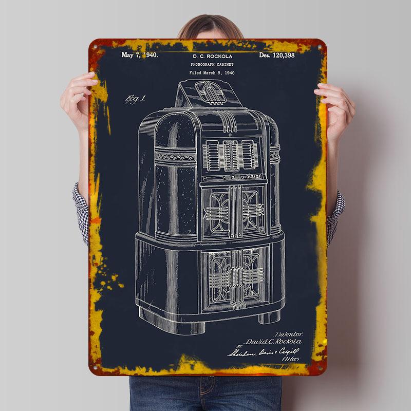 Vintage Jukebox Patent Printed Poster Customized Wall Art Retro Vintage Metal Tin Signs for Man Cave Room Ornaments Coffee Bar