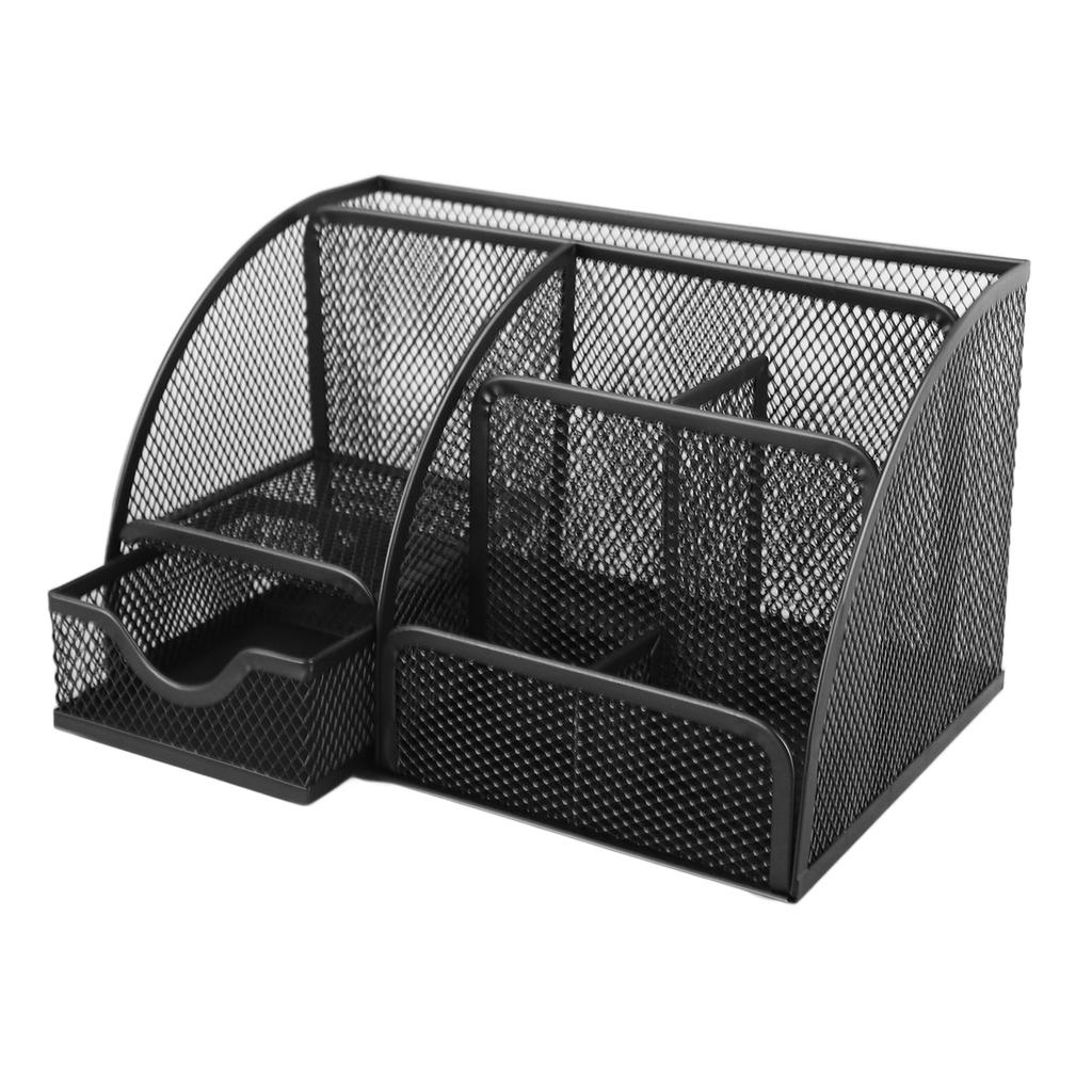 Organizator de birou tip plasă multifuncțional metalic cu 7 compartimente suport pentru pixuri cu sertar negru