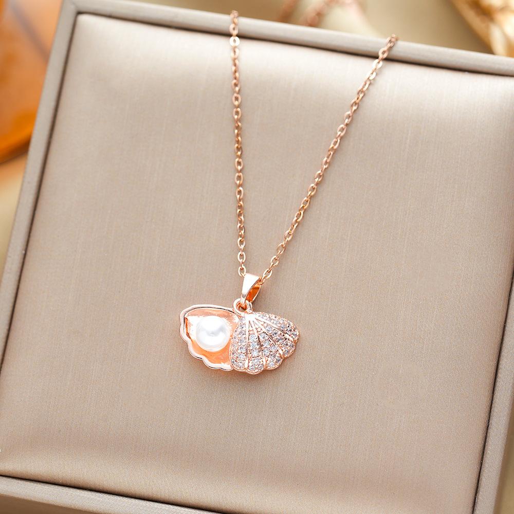 Luxury Titanium Steel Pearl Necklace With Micro-Set Zircon Pendant Collarbone Chain Elegant Personal Jewelry