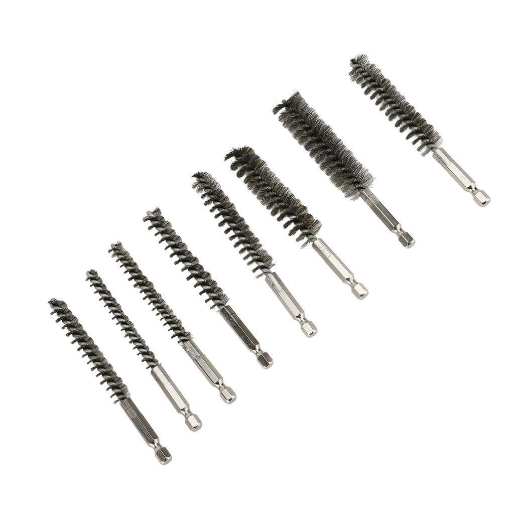 8PCS Pipe Brush 304 Stainless Steel Hex Shank Bore Cleaning Brushes Set for Deburring