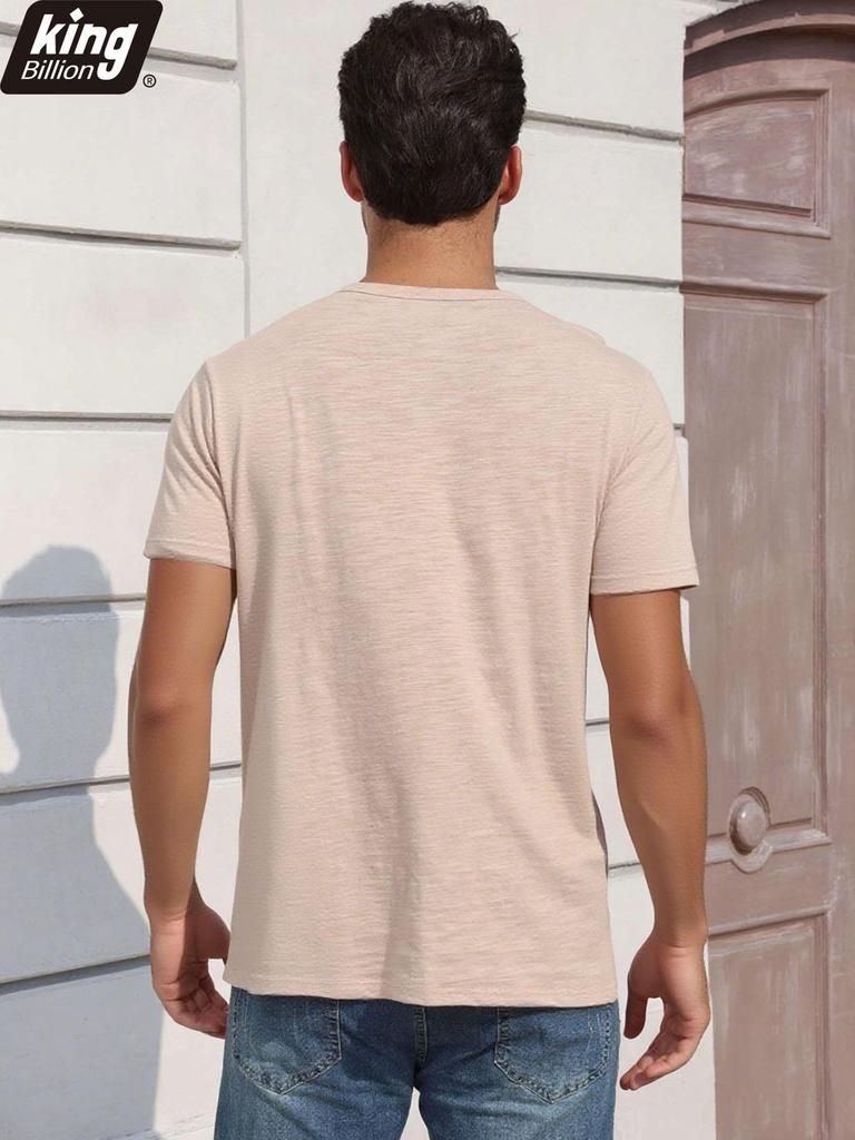 Men's Cotton T-shirt Fashion Button Design Breathable Solid Color Short-sleeved Henley Neck Tops Slim Fit Cozy Male Casual Tees